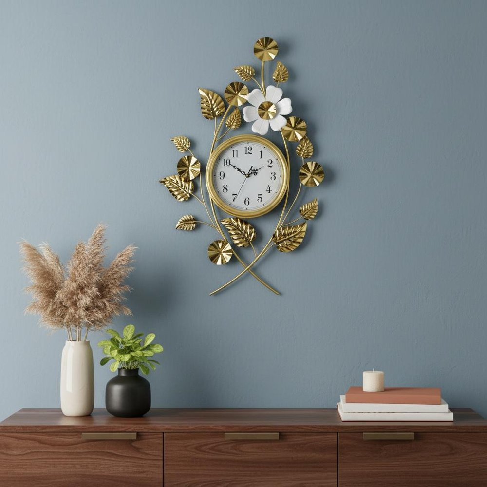22" Gold And White Metal Silent Analog Floral Novelty Wall Clock