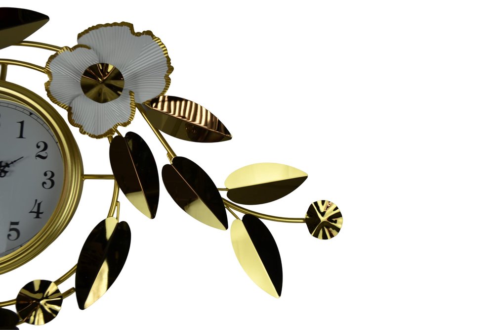 40" Gold And White Metal Silent Analog Floral Novelty Wall Clock