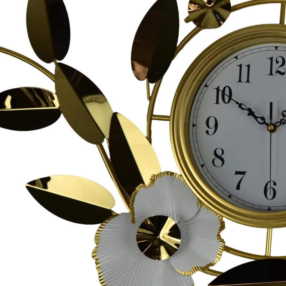 40" Gold And White Metal Silent Analog Floral Novelty Wall Clock