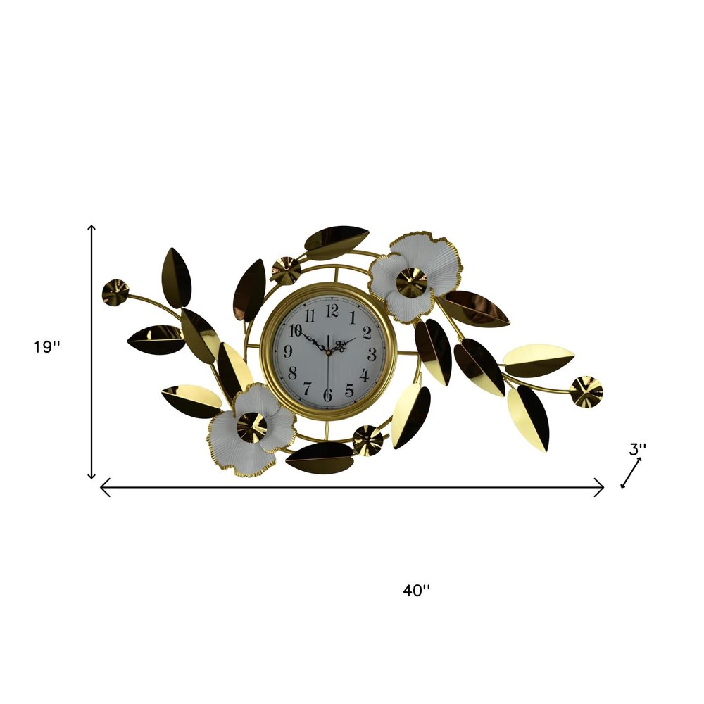 40" Gold And White Metal Silent Analog Floral Novelty Wall Clock