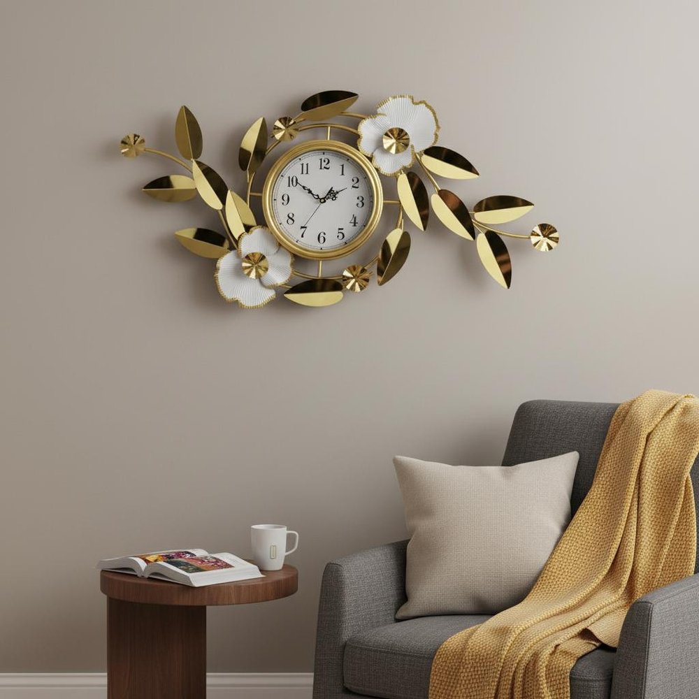 40" Gold And White Metal Silent Analog Floral Novelty Wall Clock