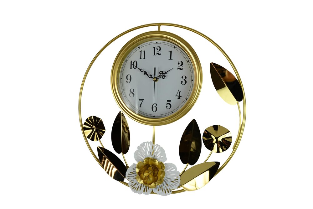 20" Gold And White Metal Silent Analog Floral Round Wall Clock