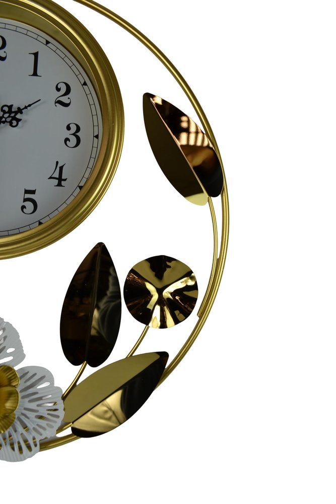 20" Gold And White Metal Silent Analog Floral Round Wall Clock