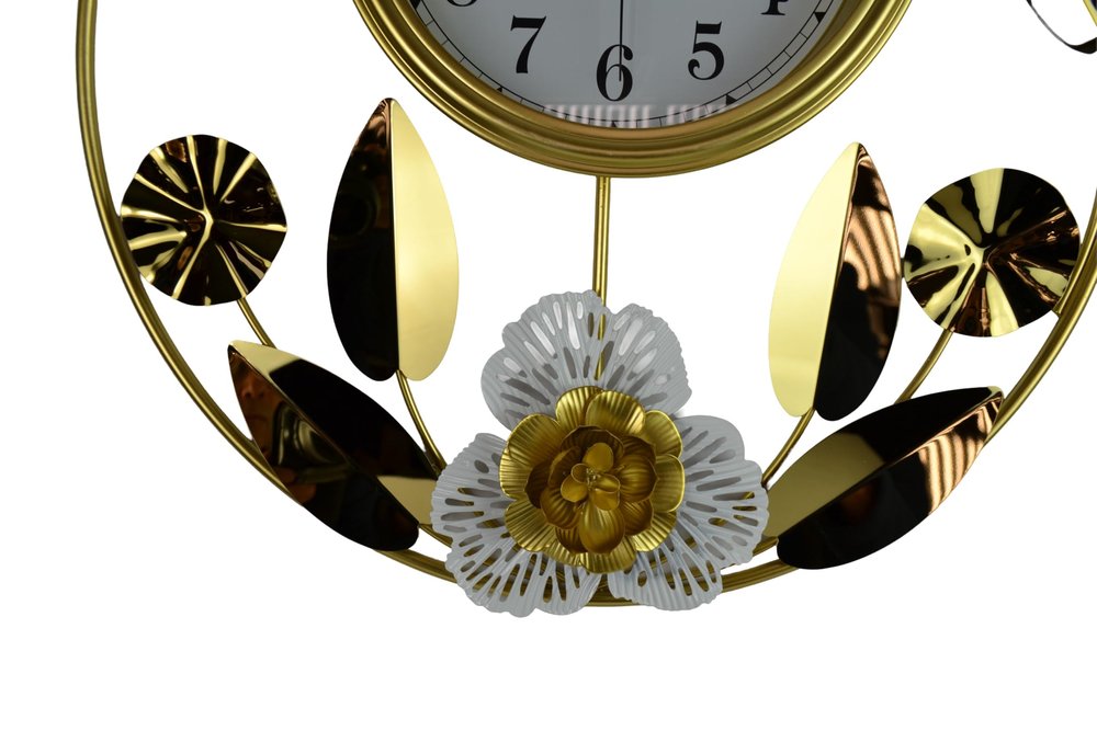 20" Gold And White Metal Silent Analog Floral Round Wall Clock