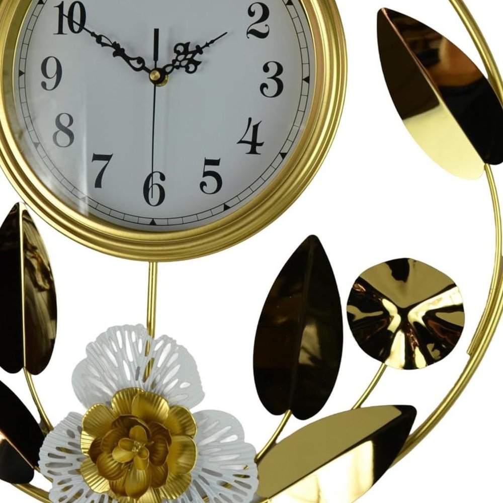 20" Gold And White Metal Silent Analog Floral Round Wall Clock