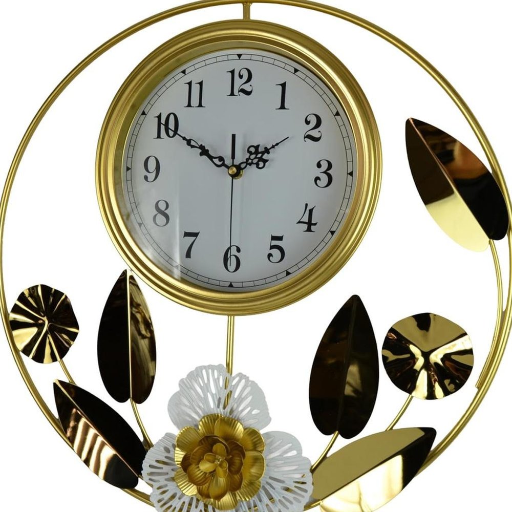 20" Gold And White Metal Silent Analog Floral Round Wall Clock