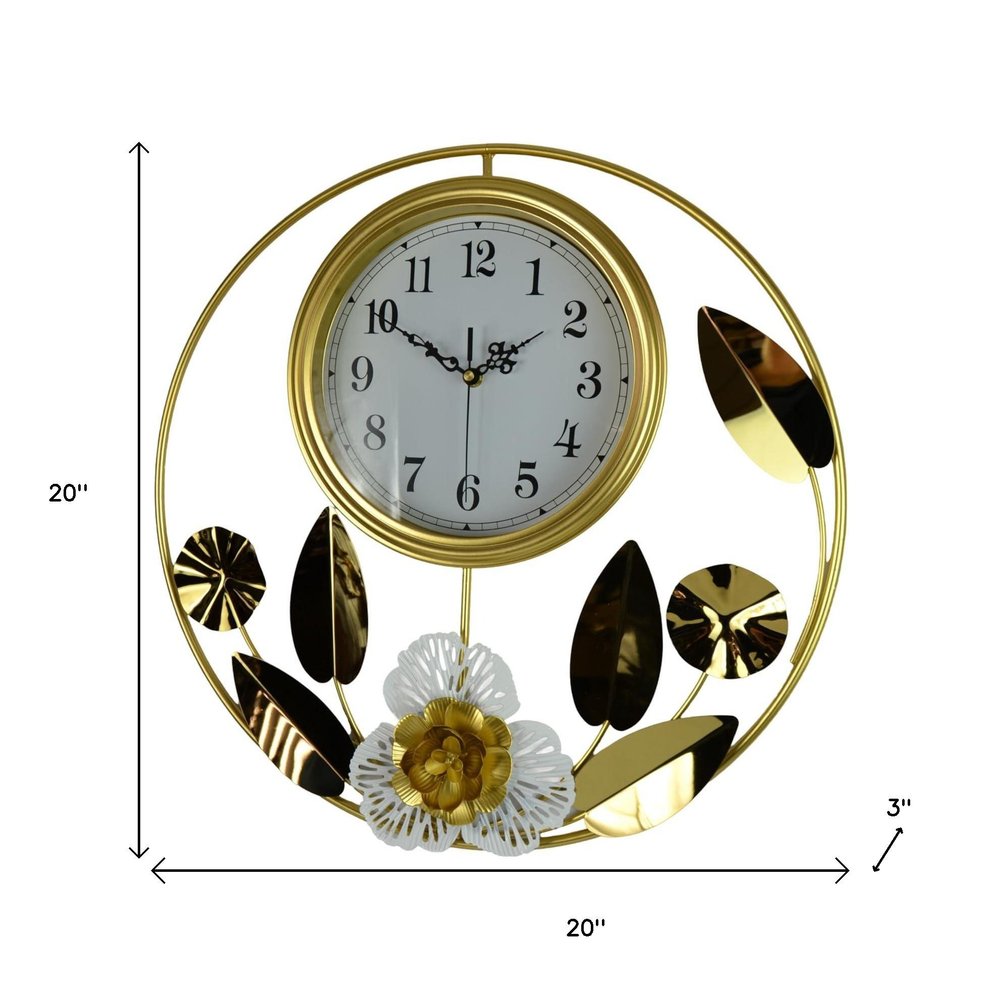 20" Gold And White Metal Silent Analog Floral Round Wall Clock