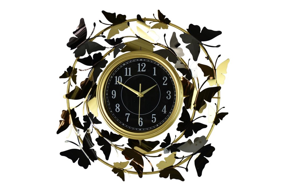 22" Gold Silver And Black Metal Silent Analog Butterfly Round Wall Clock