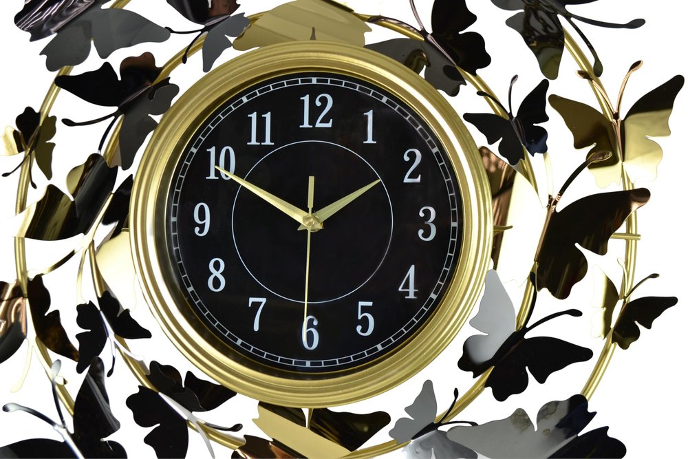 22" Gold Silver And Black Metal Silent Analog Butterfly Round Wall Clock