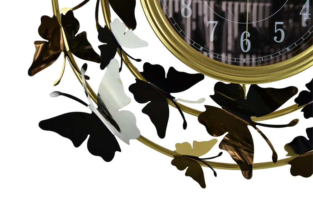 22" Gold Silver And Black Metal Silent Analog Butterfly Round Wall Clock