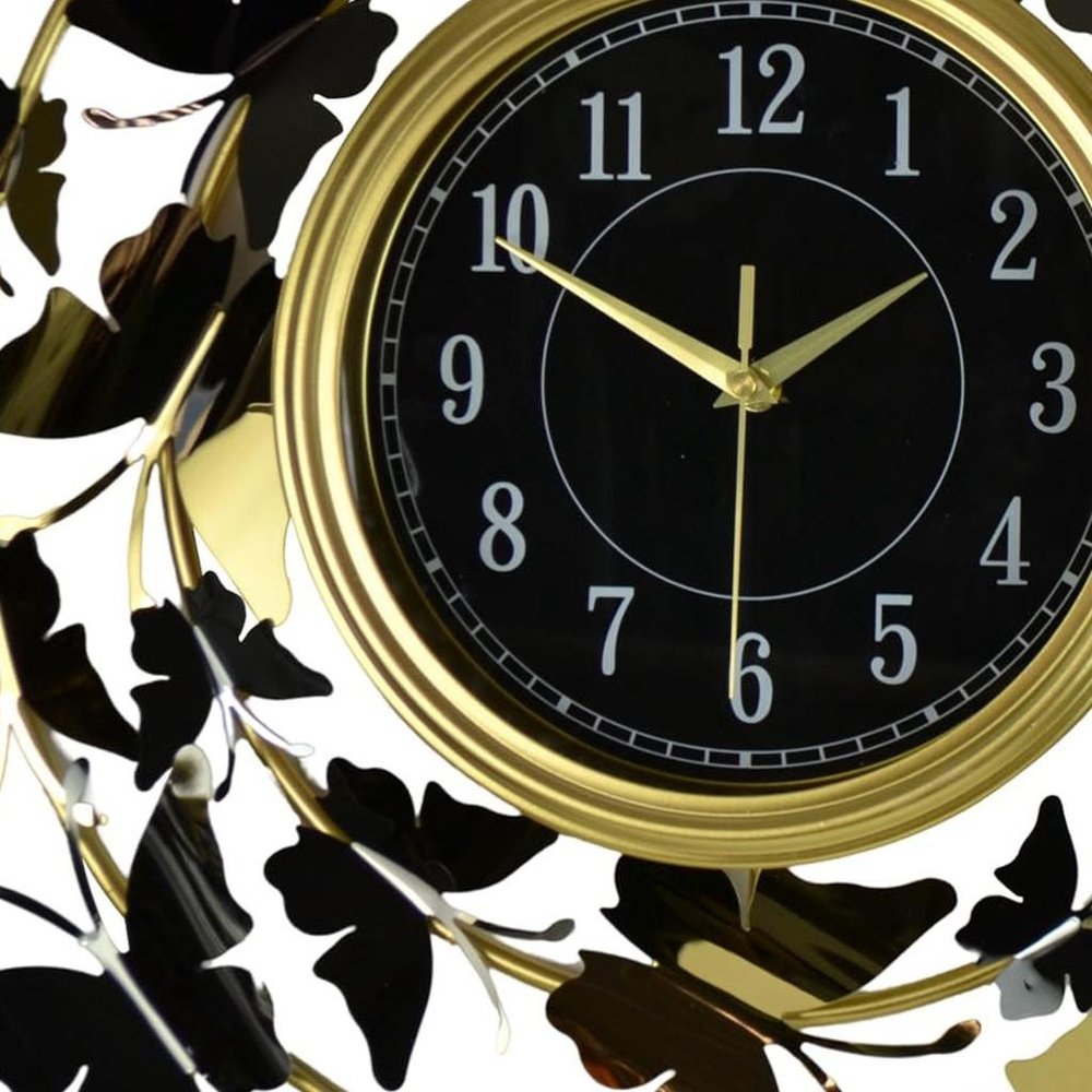 22" Gold Silver And Black Metal Silent Analog Butterfly Round Wall Clock