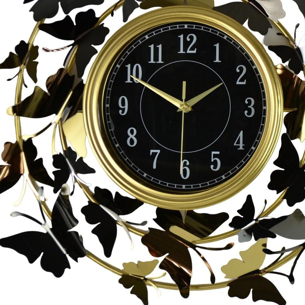 22" Gold Silver And Black Metal Silent Analog Butterfly Round Wall Clock