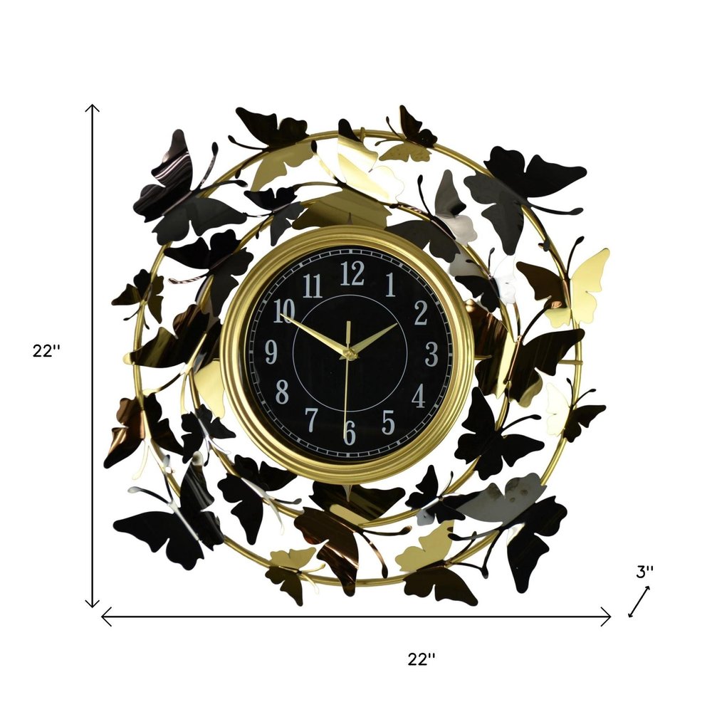 22" Gold Silver And Black Metal Silent Analog Butterfly Round Wall Clock