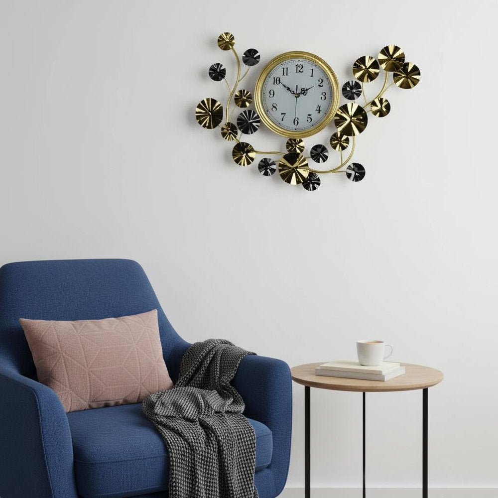 27" Gold Silver And White Metal Silent Analog Floral Novelty Wall Clock. Wall clock in silver metal.