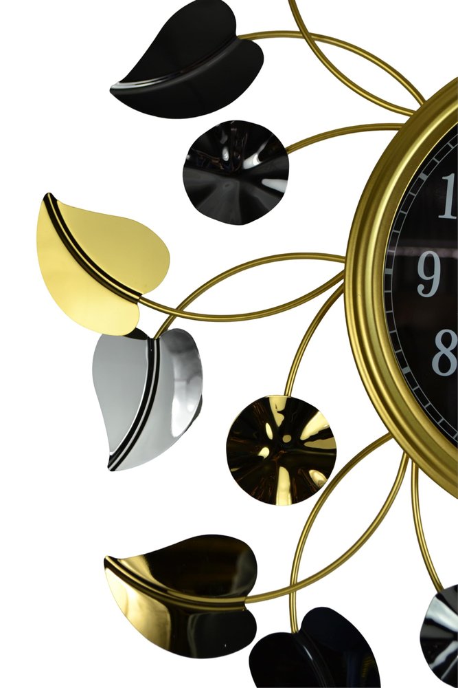 24" Gold Black And Silver Metal Silent Analog Floral Round Wall Clock
