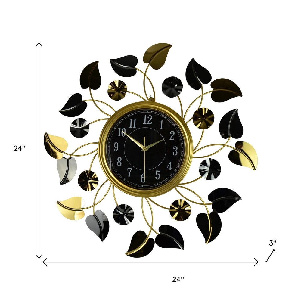 24" Gold Black And Silver Metal Silent Analog Floral Round Wall Clock