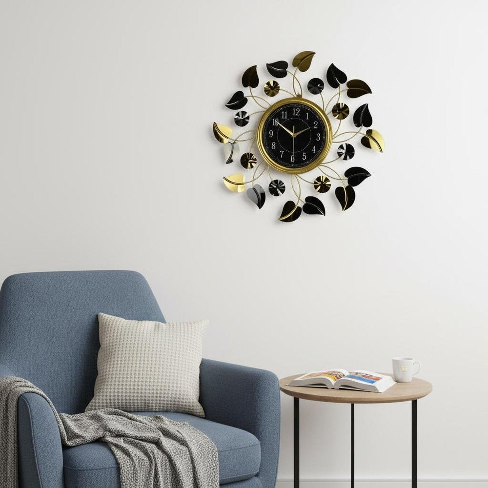 24" Gold Black And Silver Metal Silent Analog Floral Round Wall Clock