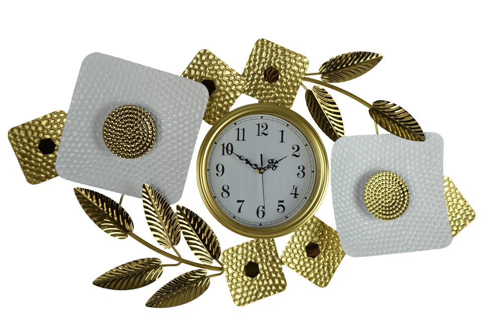 Gold and white metal analog wall clock with floral accents on a white background.