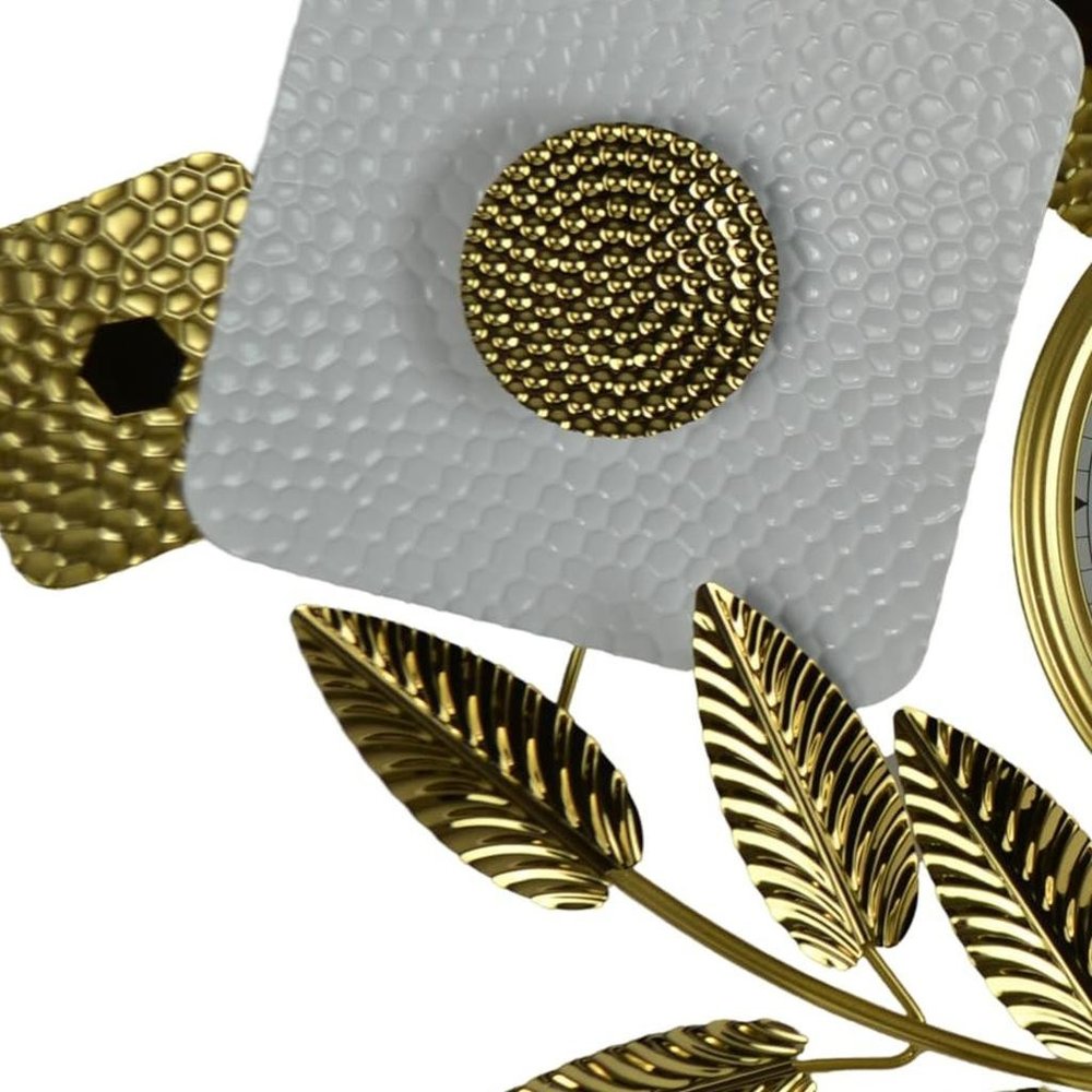 37" Gold And White Metal Silent Analog Floral Oval Wall Clock