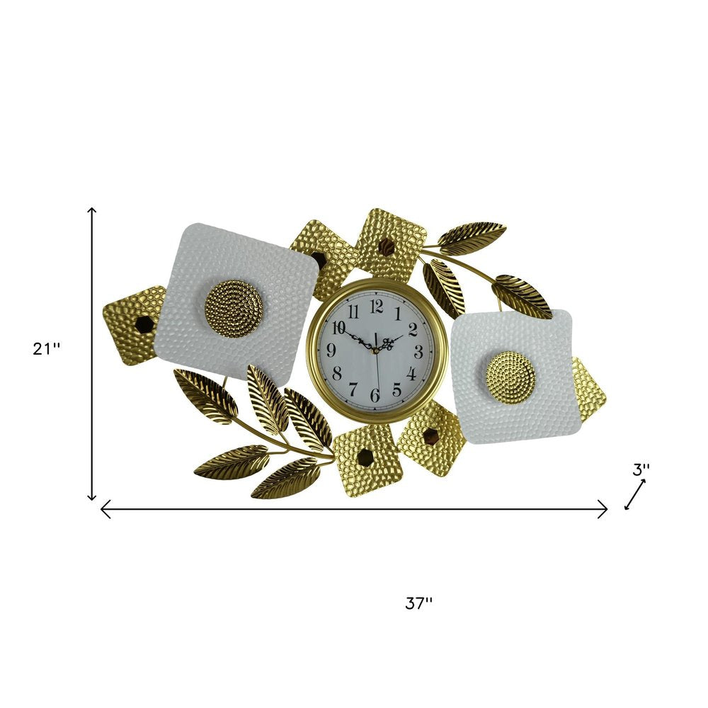 37" Gold And White Metal Silent Analog Floral Oval Wall Clock