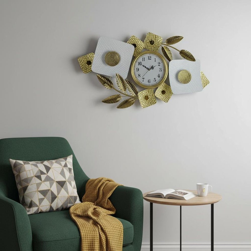 37" Gold And White Metal Silent Analog Floral Oval Wall Clock