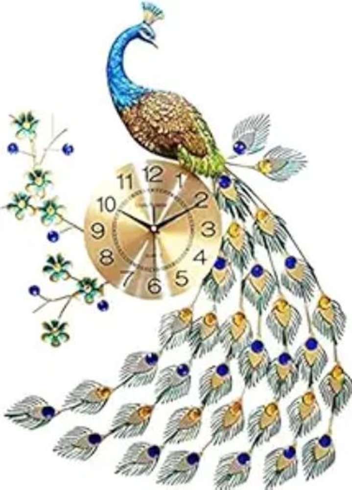 A blue, green, and gold metal peacock wall clock with a gold analog face and decorative feathers on a white background.