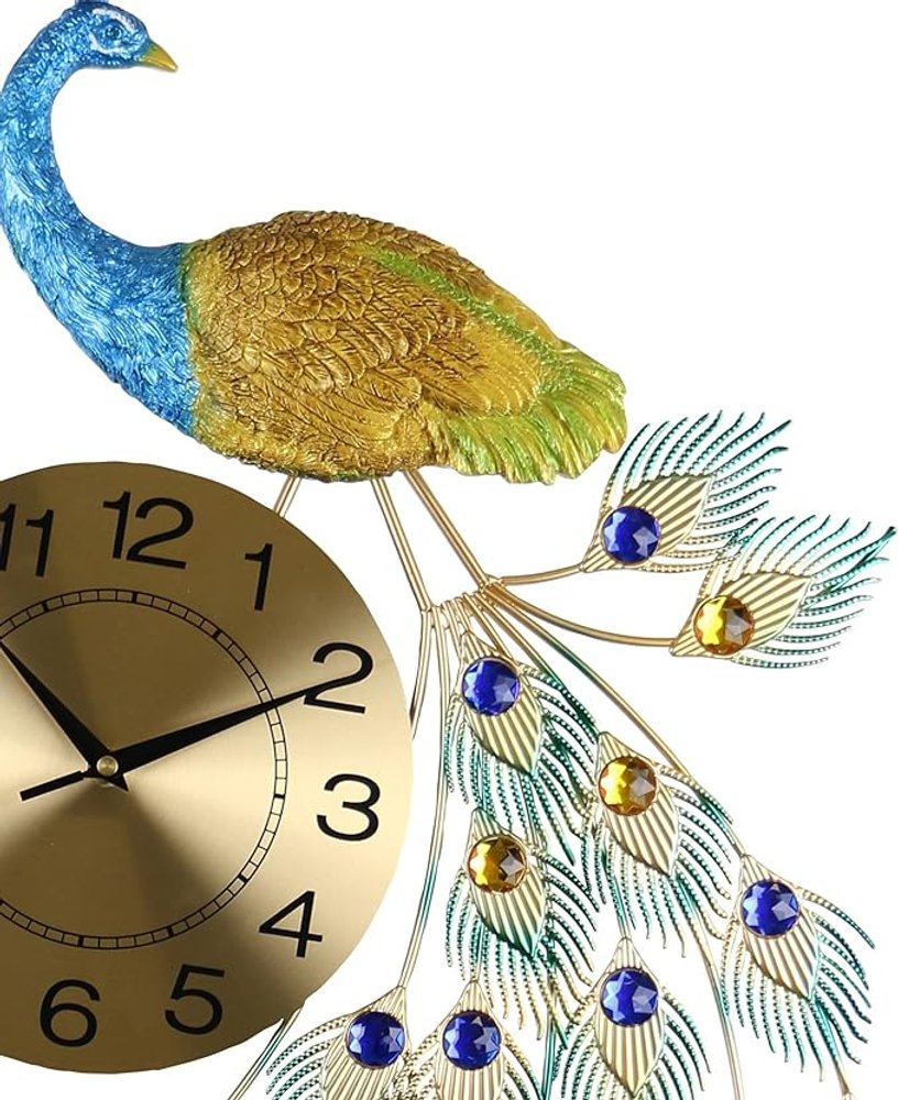 31" Blue Green And Gold Metal Silent Analog Peacock Novelty Wall Clock