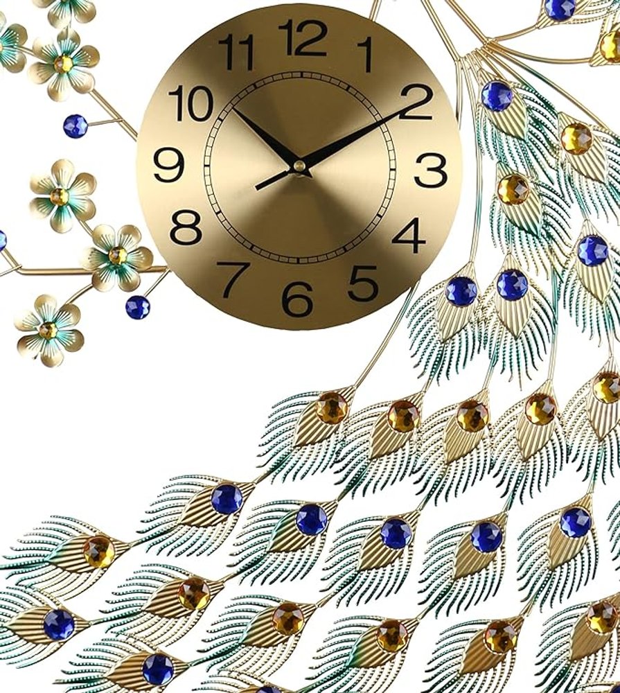 31" Blue Green And Gold Metal Silent Analog Peacock Novelty Wall Clock