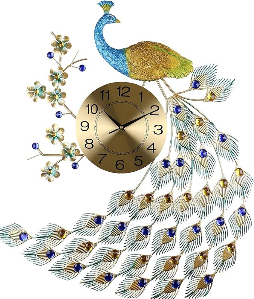 31" Blue Green And Gold Metal Silent Analog Peacock Novelty Wall Clock