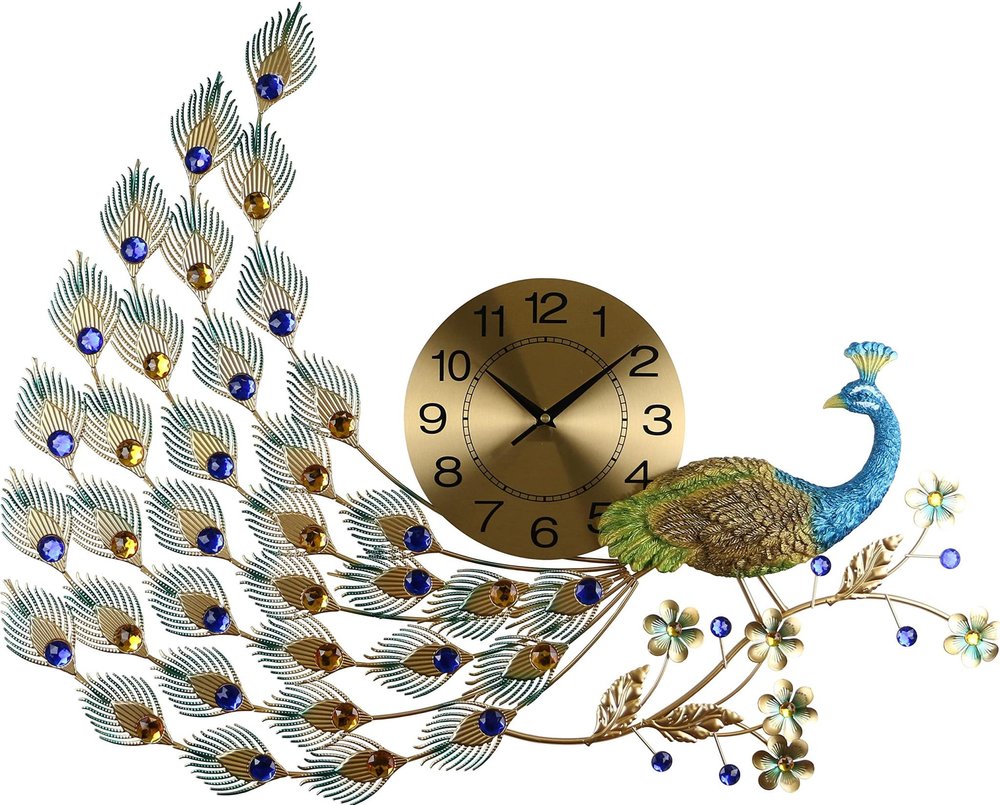 Gold, blue, and green metal peacock wall clock with a round analog face and decorative feathers, set against a white background.
