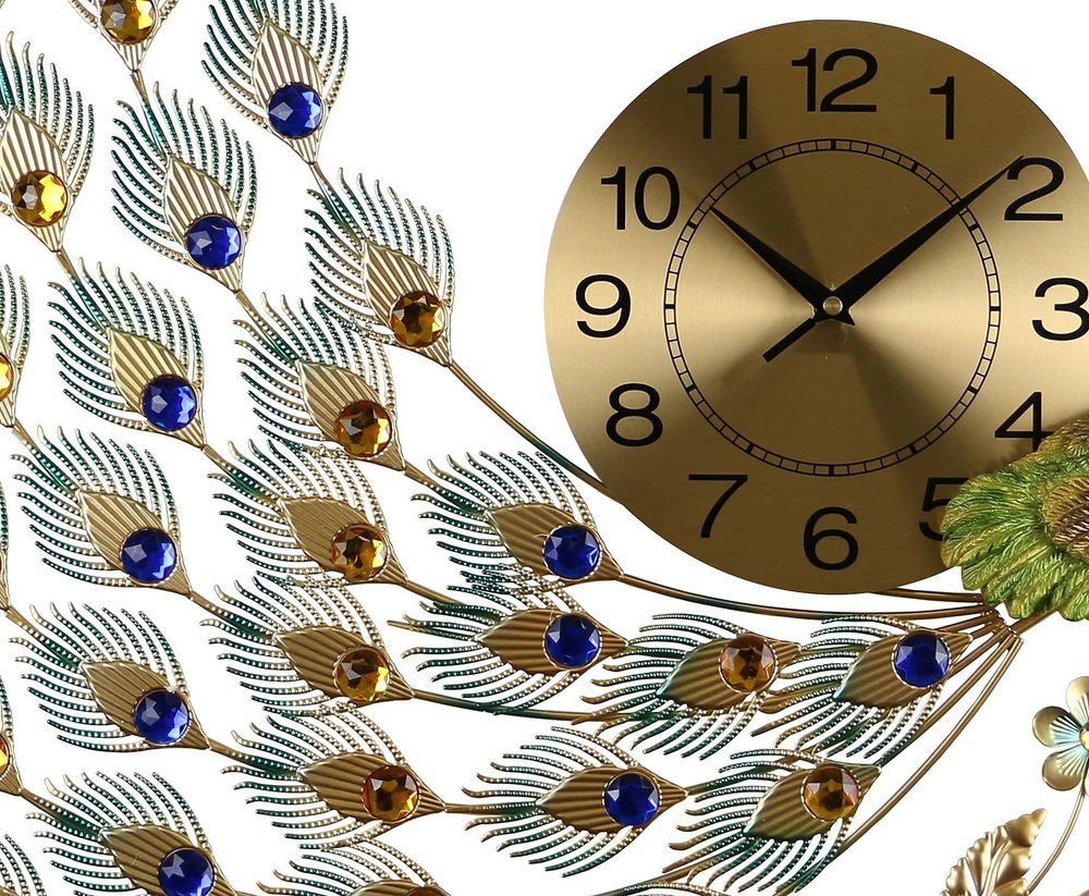 31" Gold Blue And Green Metal Silent Analog Peacock Novelty Wall Clock