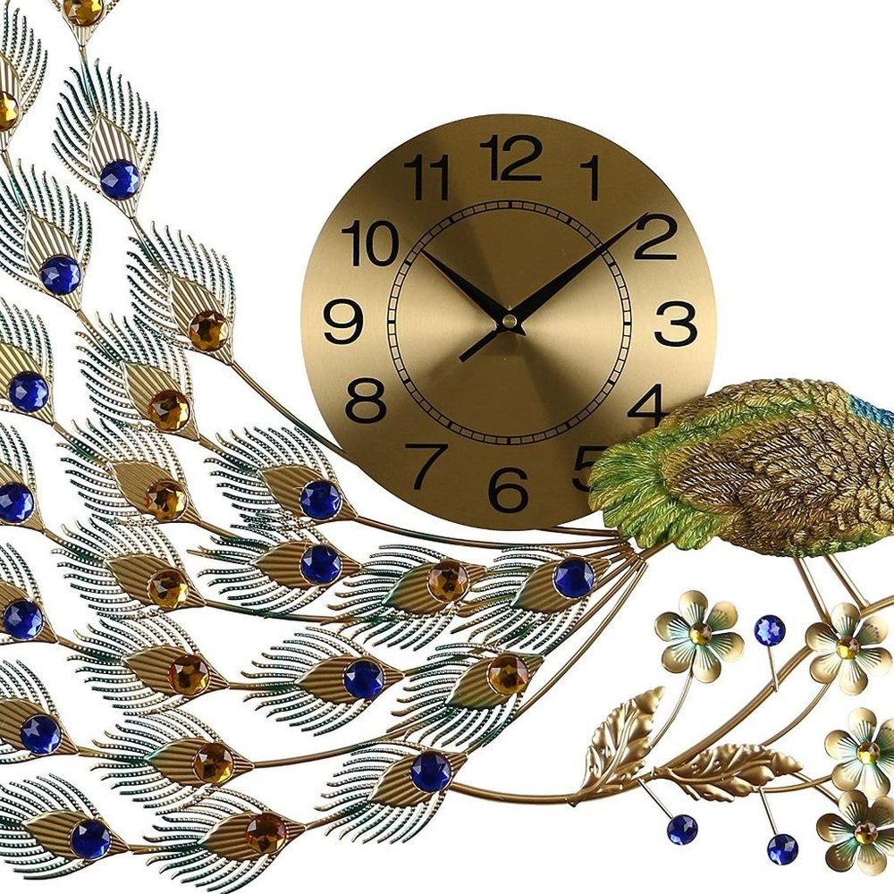 31" Gold Blue And Green Metal Silent Analog Peacock Novelty Wall Clock