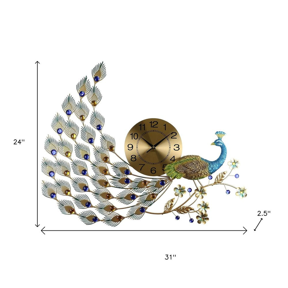 31" Gold Blue And Green Metal Silent Analog Peacock Novelty Wall Clock