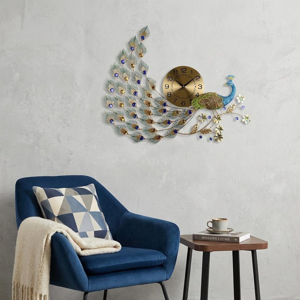 31" Gold Blue And Green Metal Silent Analog Peacock Novelty Wall Clock