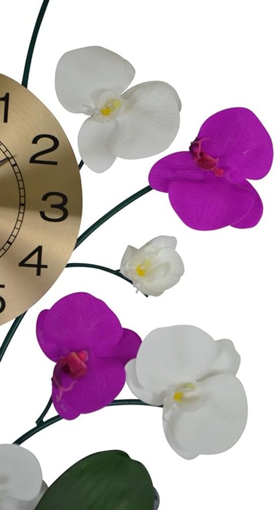 Gold analog clock face with black numbers and purple and white orchid accents on a white background.