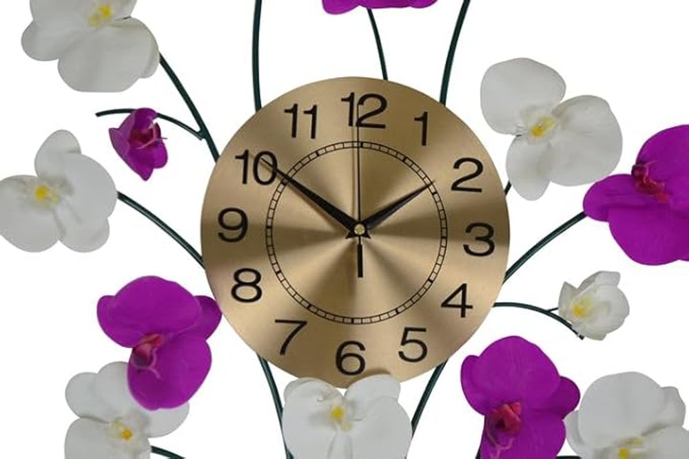 30" Purple White And Gold Metal Silent Analog Floral Novelty Wall Clock