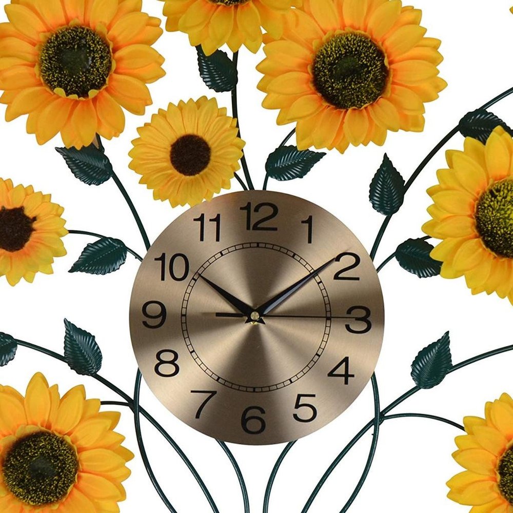 31" Yellow Green And Gold Metal Silent Analog Sunflower Floral Wall Clock. Wall clock in gold metal.