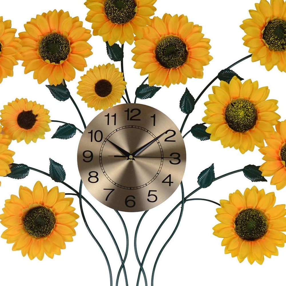 31" Yellow Green And Gold Metal Silent Analog Sunflower Floral Wall Clock. Wall clock isolated on a plain white background, in a gold metal finish.
