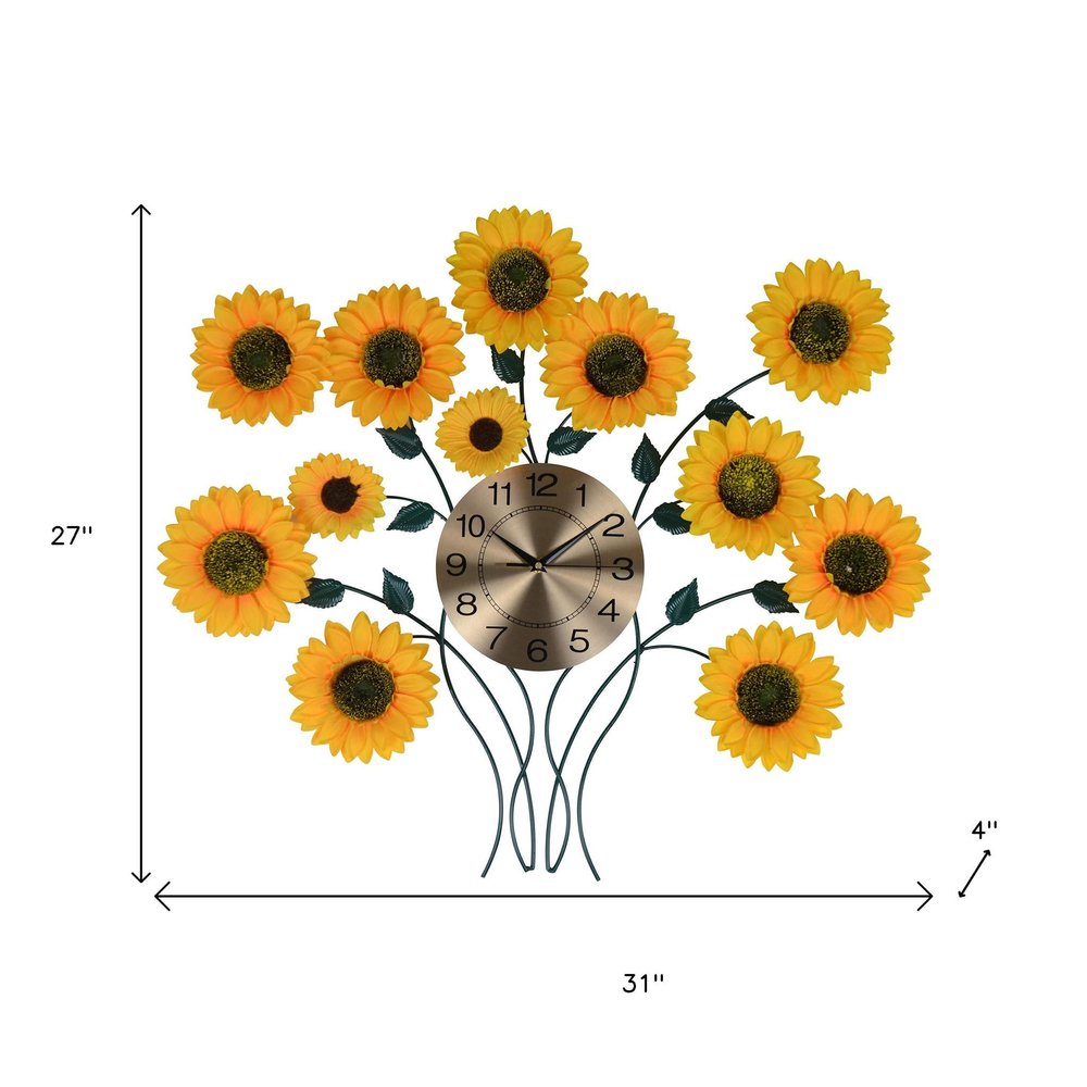 31" Yellow Green And Gold Metal Silent Analog Sunflower Floral Wall Clock. Wall clock isolated on a plain white background, in a gold metal finish.
