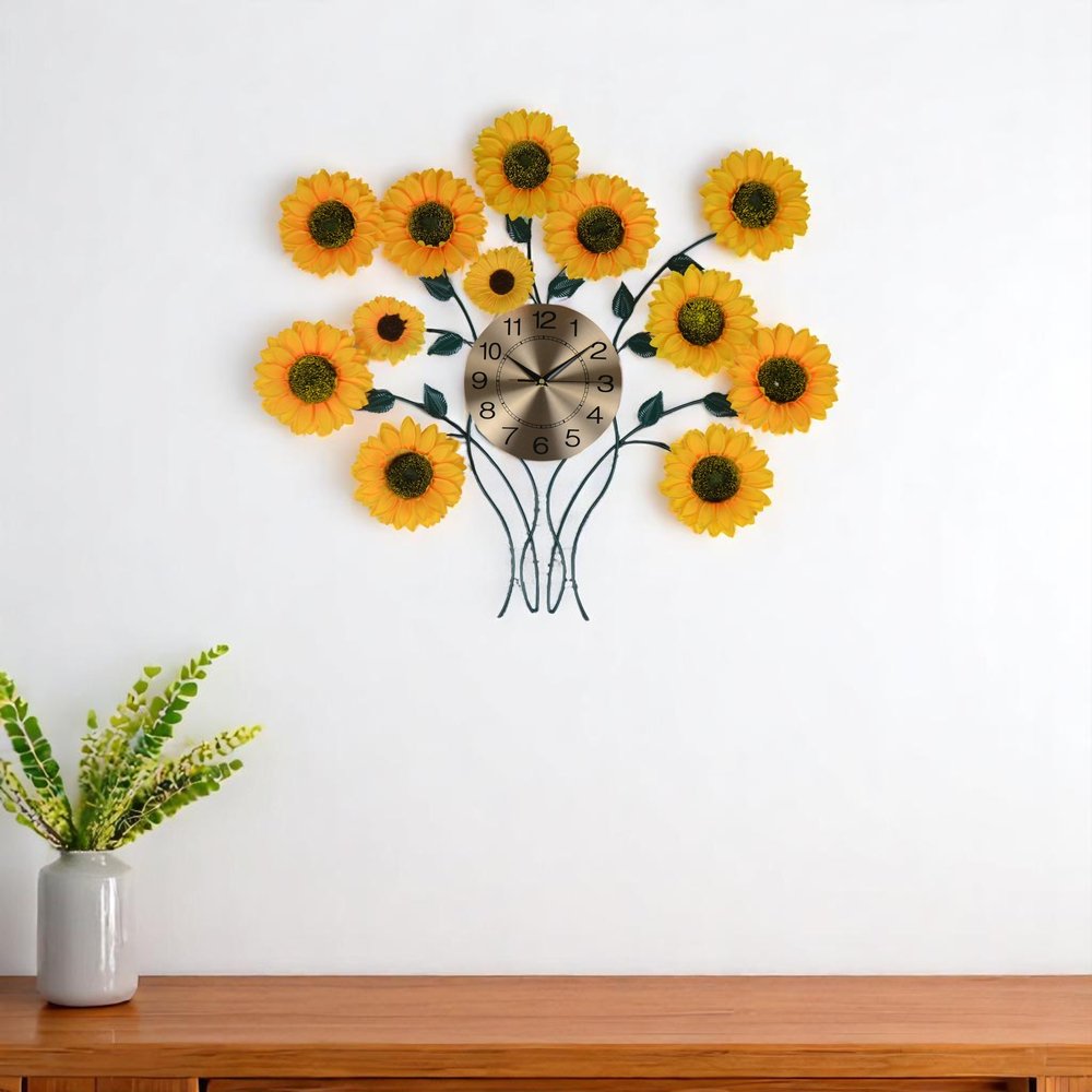 31" Yellow Green And Gold Metal Silent Analog Sunflower Floral Wall Clock. Wall clock in gold metal.