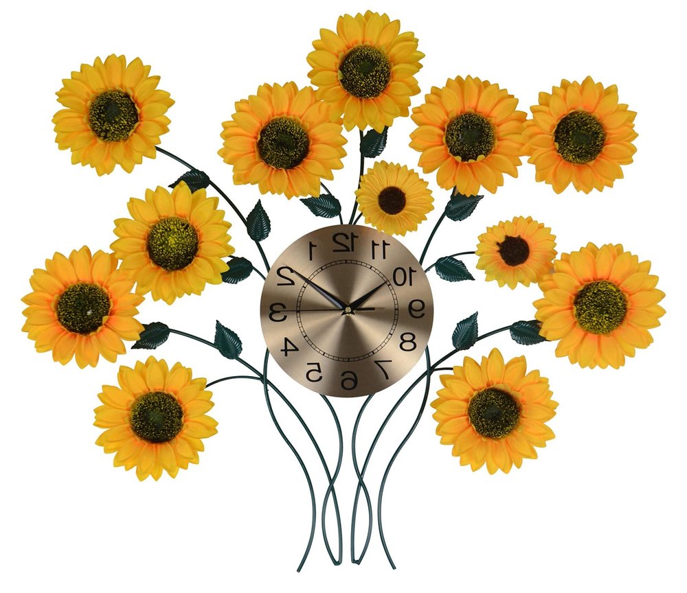31" Yellow Green And Gold Metal Silent Analog Sunflower Floral Wall Clock. Wall clock isolated on a plain white background, in a gold metal finish.