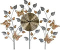 Gold and silver metal wall clock with butterflies and leaves, featuring a round analog clock face.