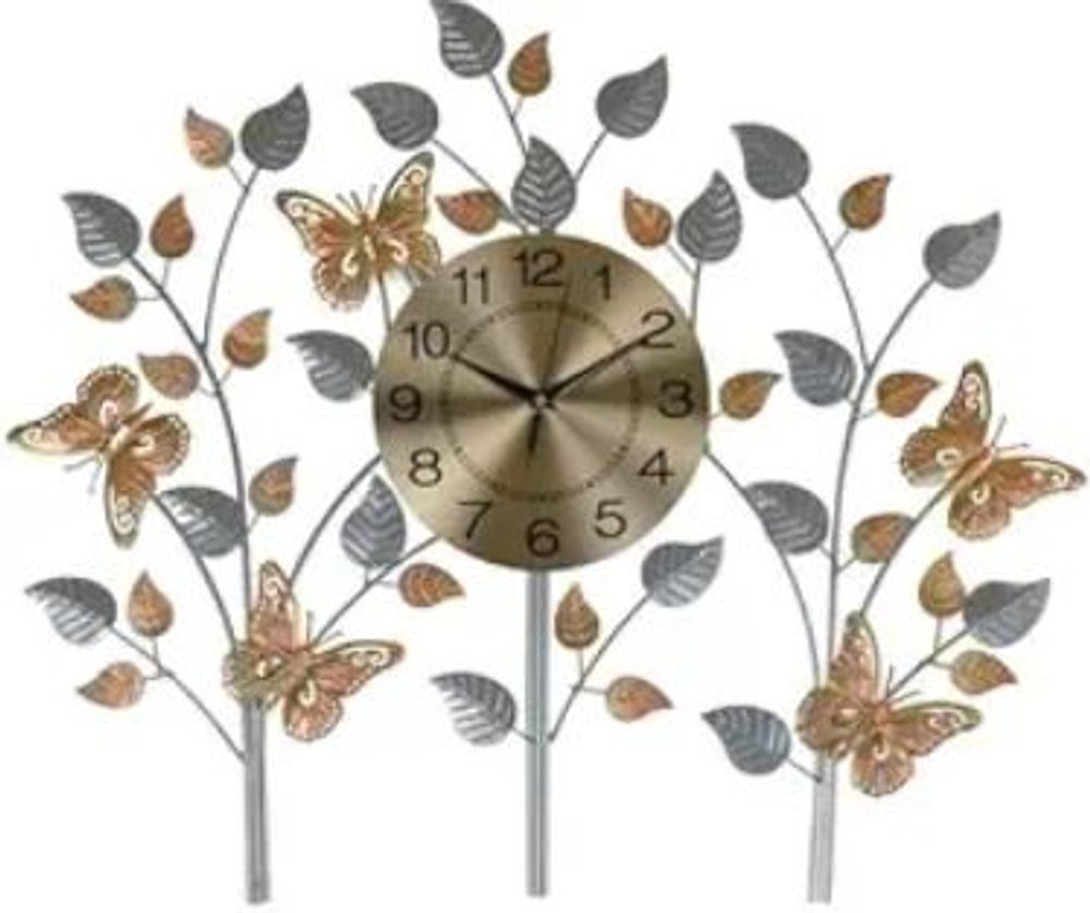 Gold and silver metal wall clock with butterflies and leaves, featuring a round analog clock face.