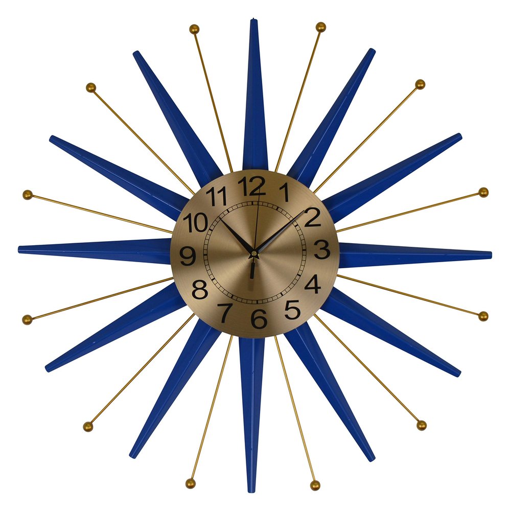 27" Blue And Gold Metal Silent Analog Starburst Wall Clock