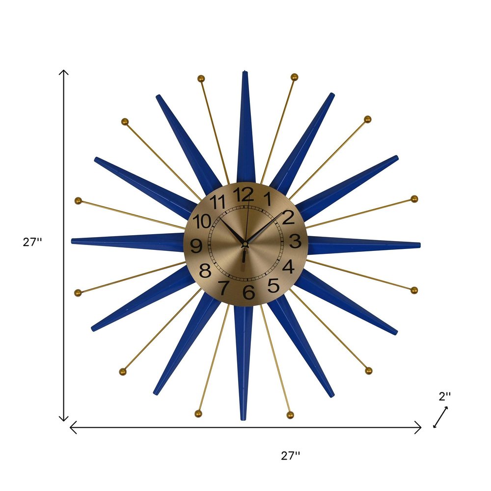 27" Blue And Gold Metal Silent Analog Starburst Wall Clock