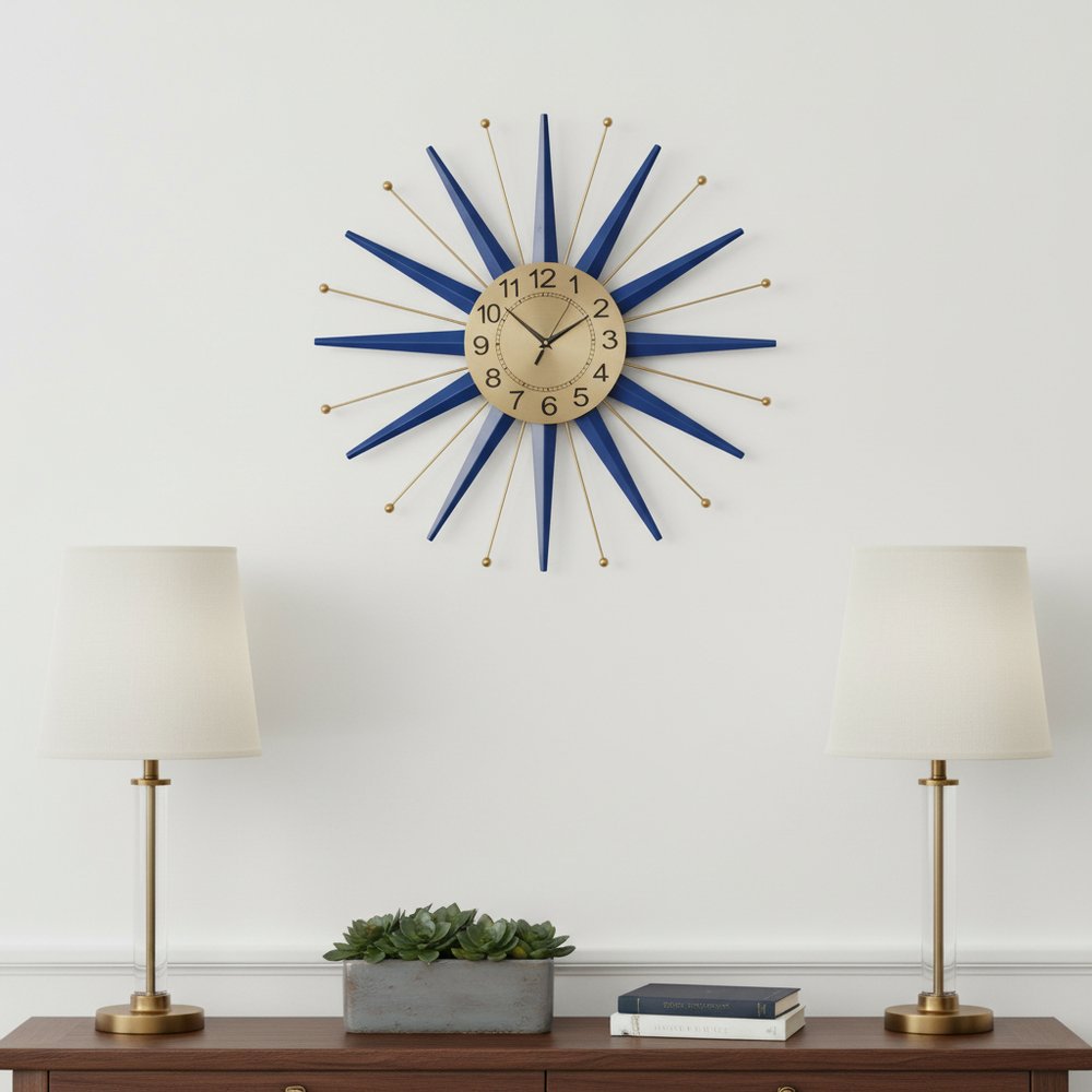 27" Blue And Gold Metal Silent Analog Starburst Wall Clock