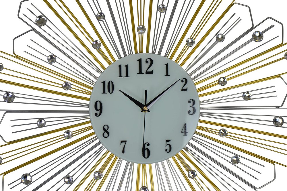 27" Gold Silver And Metal And Faux Crystals Silent Analog Sunburst Wall Clock