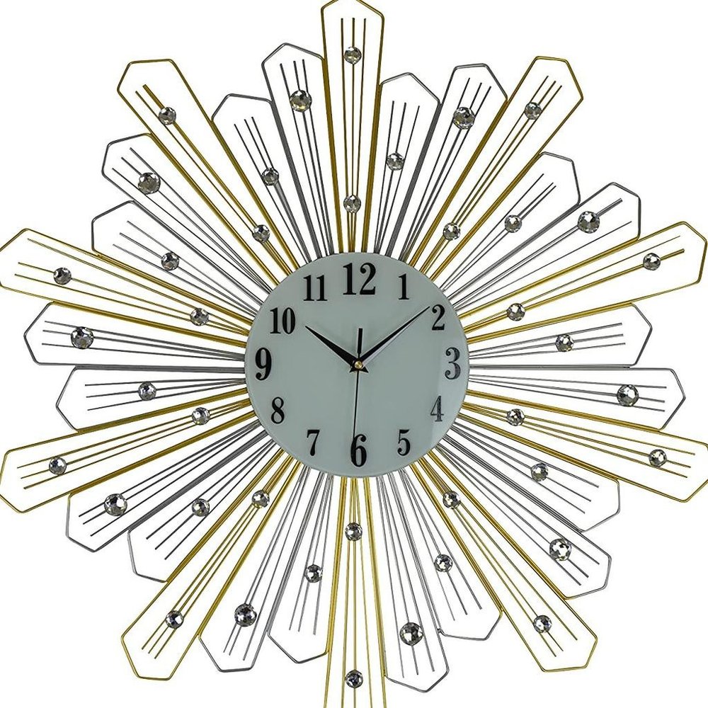 27" Gold Silver And Metal And Faux Crystals Silent Analog Sunburst Wall Clock