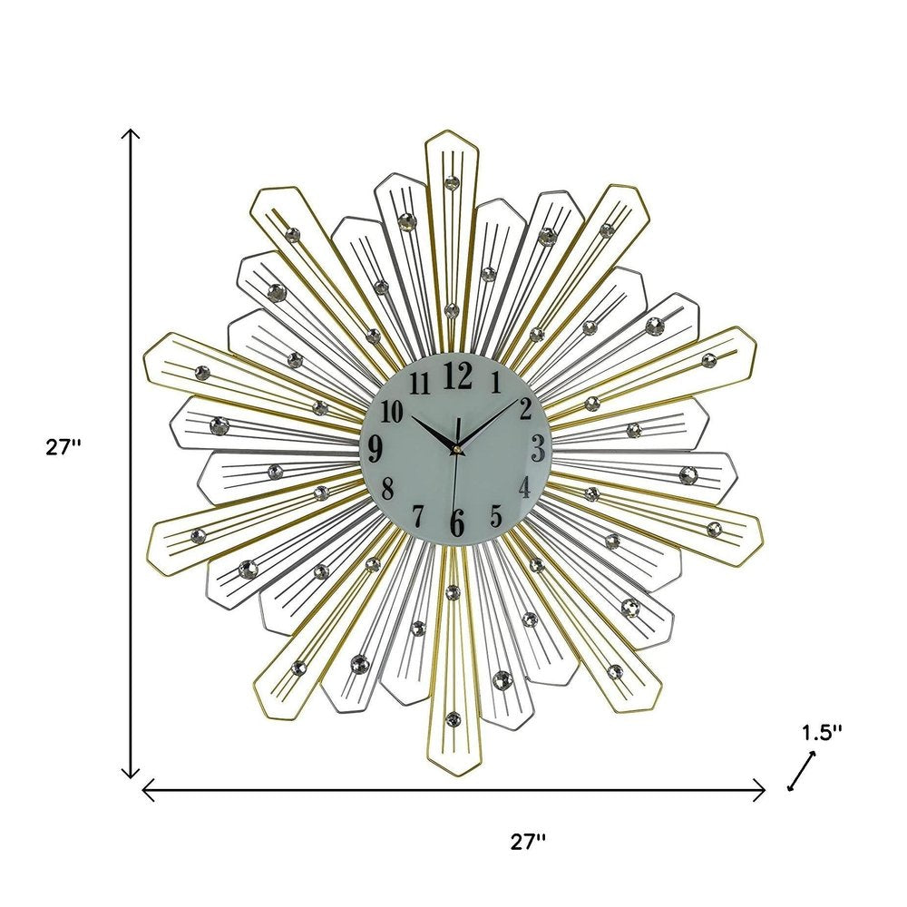 27" Gold Silver And Metal And Faux Crystals Silent Analog Sunburst Wall Clock. Wall clock isolated on a plain white background, showing a silver crystal surface.
