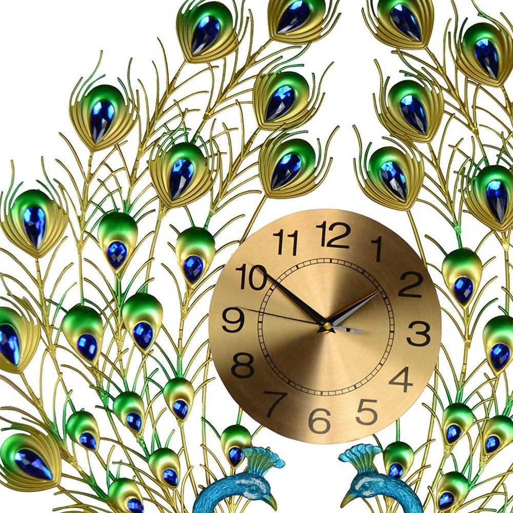 25" Blue Green And Gold Metal Silent Analog Peacock Novelty Wall Clock